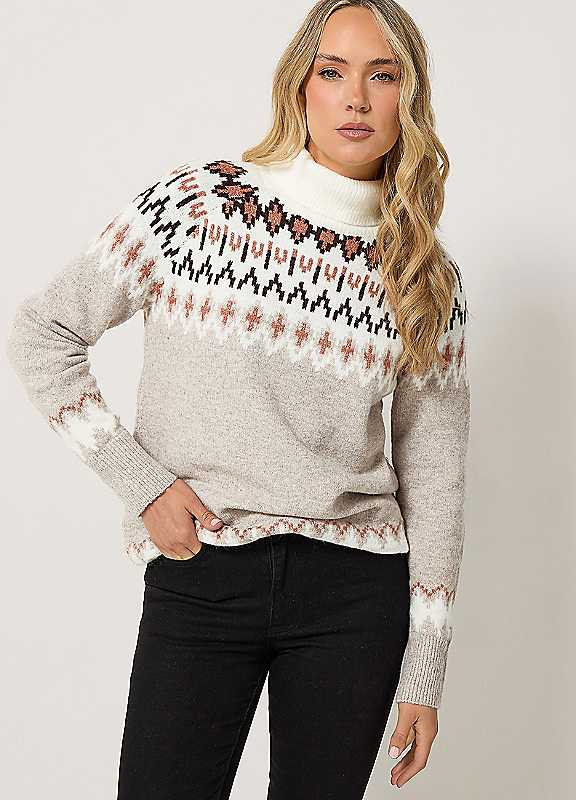 Long Tall Sally Women's Light Beige Tall Fairisle Roll Neck Jumper In | : 14/16 - Image 3