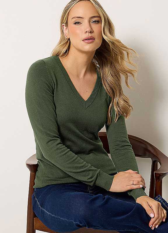 Long Tall Sally Women's Tall Knit V-Neck Jumper in Olive | Size: 22-24 - Image 2