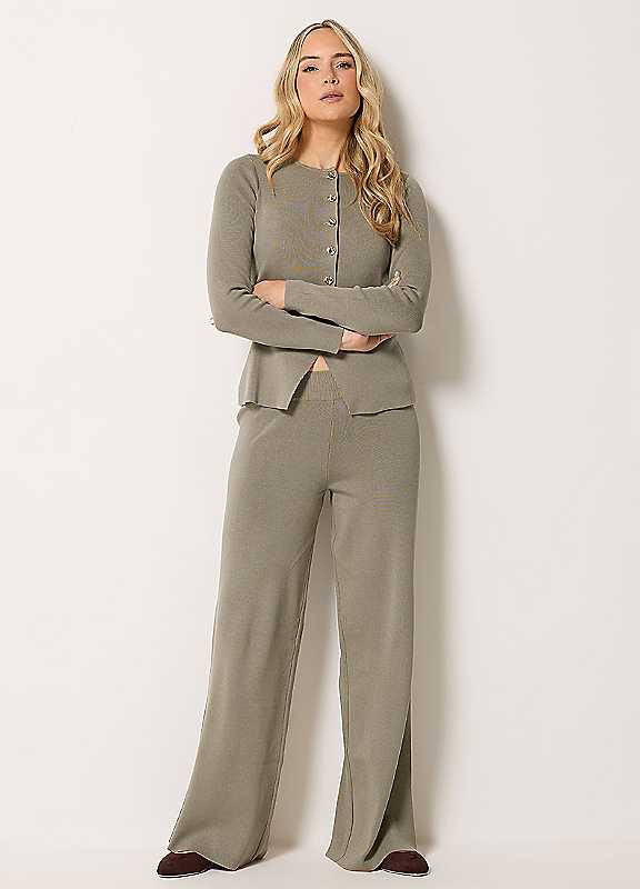 Long Tall Sally Women's Light Khaki Tall Knitted Wide Leg Trousers In | : 18/20 - Image 3