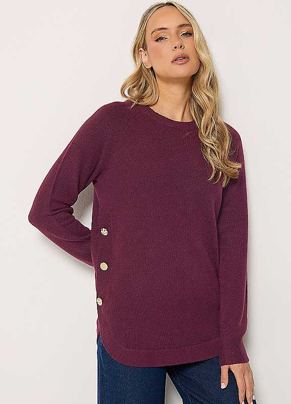 Long Tall Sally Women's Burgundy Tall Longline Button Knitted Jumper In Size 8-10 - Image 3