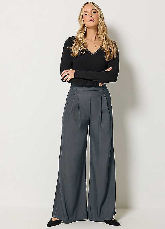Long Tall Sally Women's Grey Tall Pleat Front Wide Leg Trousers In | Size: 16L - Image 3