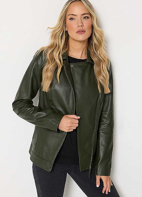 Long Tall Sally Women's Olive Tall Premium Leather Biker Jacket In | : Size 18 - Image 7