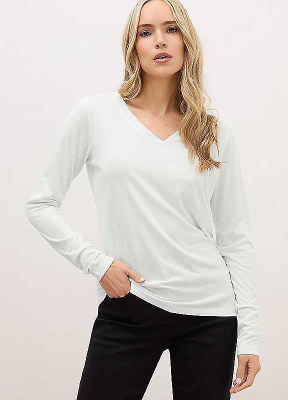 Long Tall Sally Women's White Tall Long Sleeve V-Neck Top In | : Size 8 - Image 3