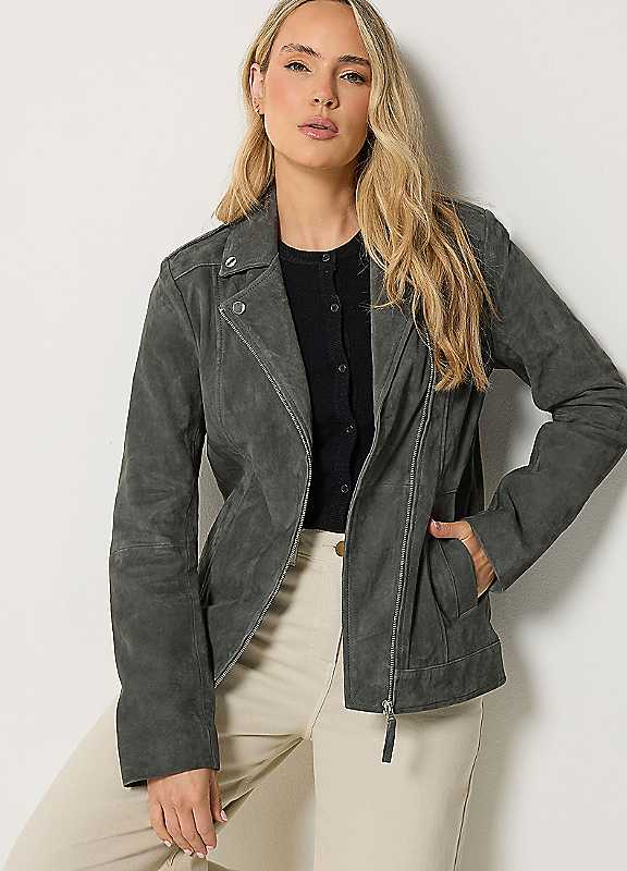 Long Tall Sally Women's Grey Tall Suede Biker Jacket In | : Size 12 - Image 7