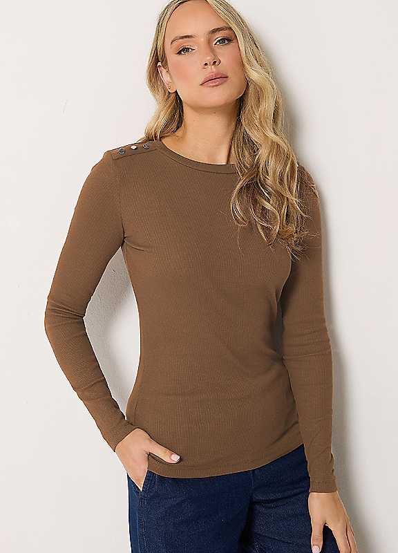 Long Tall Sally Women's Brown Tall Ribbed Button Top In | Size: 10 - Image 2