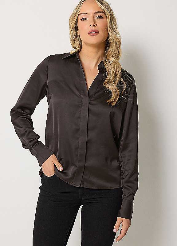 Long Tall Sally Women's Chocolate Tall Satin Button Shirt In | Size: 20 - Image 2