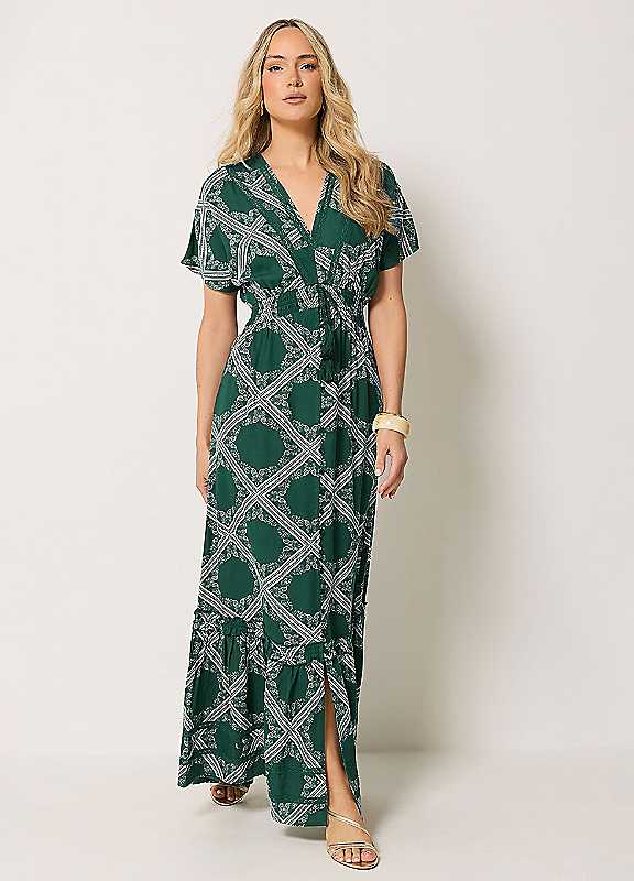 Long Tall Sally Women's Dark Green Tall Scarf Print Button Maxi Dress In Size 12 - Image 2