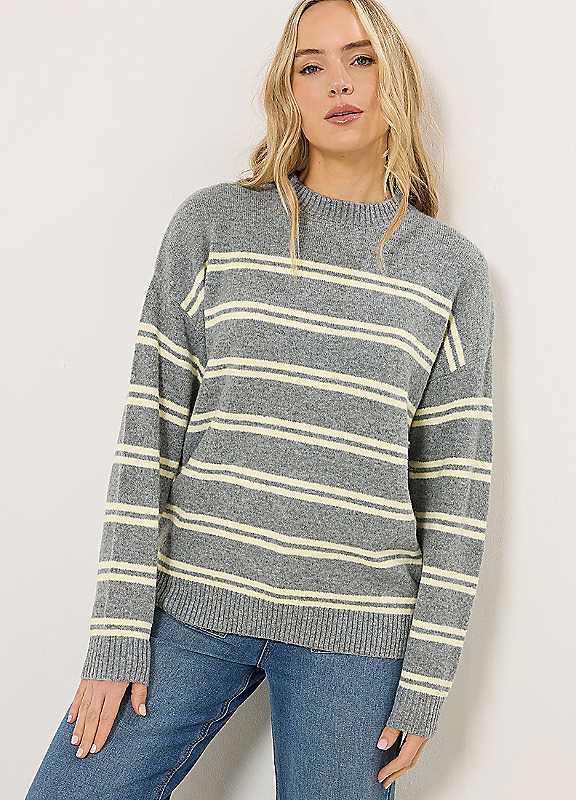 Long Tall Sally Women's Grey Tall Stripe Jumper In | Size: 8/10 - Image 4