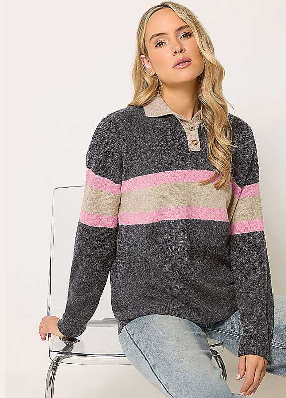 Long Tall Sally Women's Dark Grey Tall Stripe Knitted Polo Jumper In | : 18/20 - Image 2