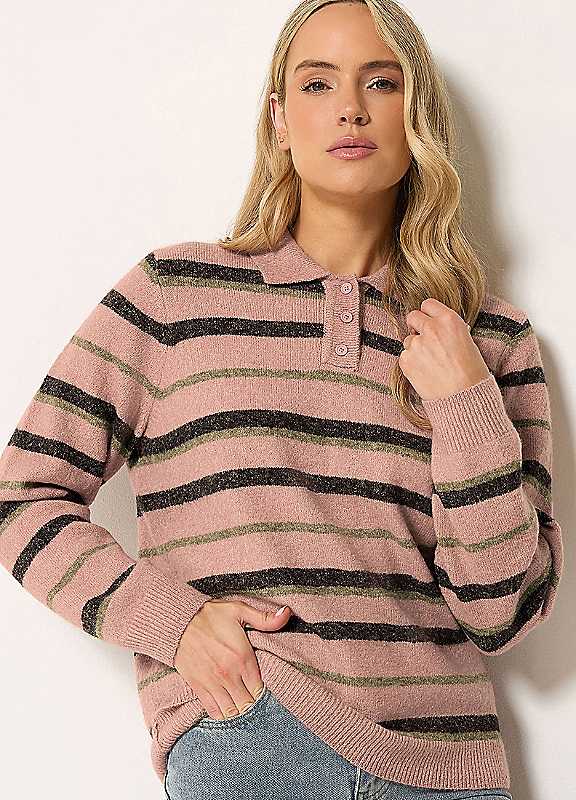 Long Tall Sally Women's Pink Tall Stripe Knitted Polo Jumper In | : 22/24 - Image 2