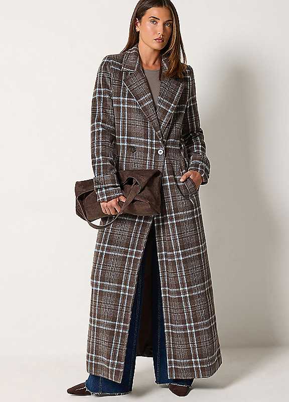 Long Tall Sally Women's Tall Check Maxi Coat in Brown | Size: 12 - Image 3