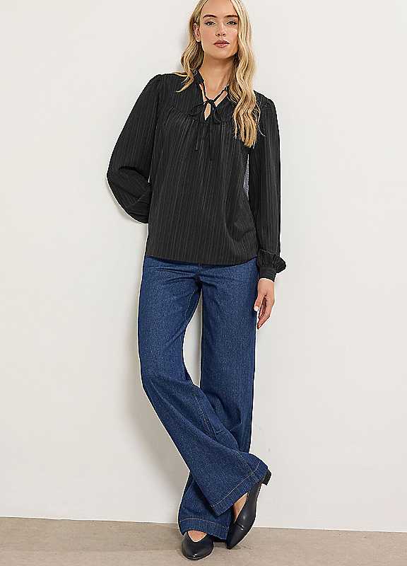 Lts Women's Black Tall Textured Tie Neck Blouse Size 12 - Image 4