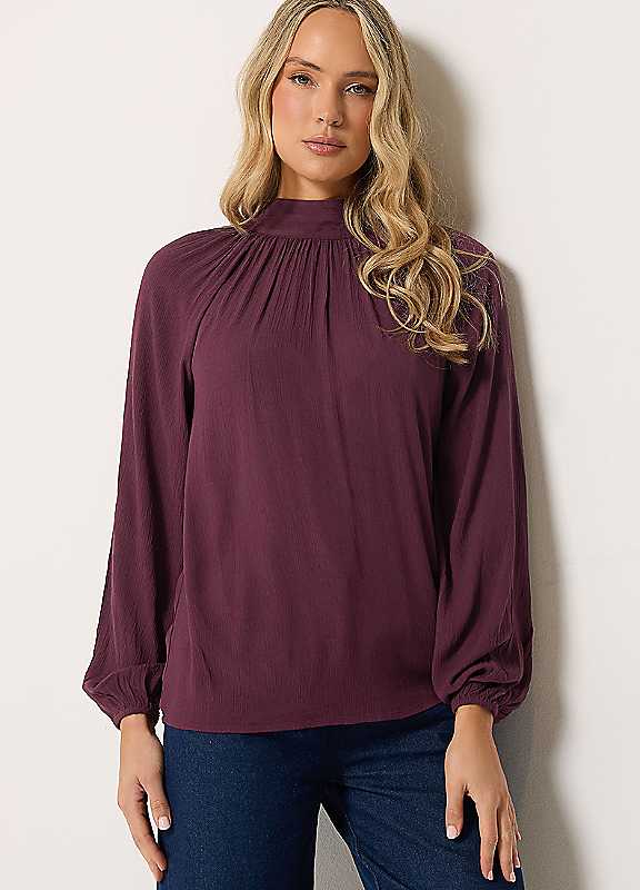 Long Tall Sally Women's Tall Tie Neck Crinkle Cotton Blouse in Burgundy | Size: 8 - Image 2