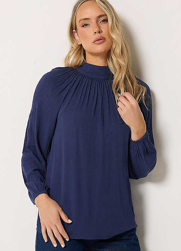 Long Tall Sally Women's Tall Tie Neck Crinkle Cotton Blouse in Dark Navy | Size: 10 - Image 2