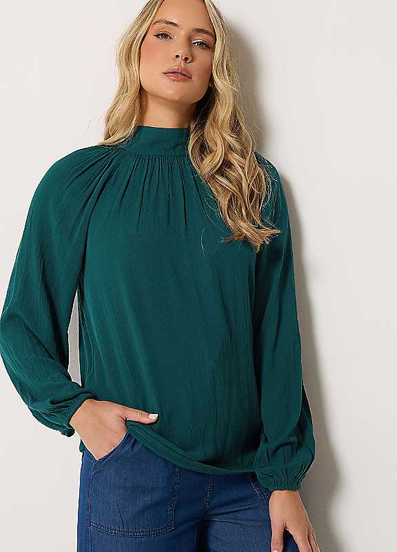 Lts Women's Green Tall Forest Tie Neck Crinkle Cotton Blouse Size 10 - Image 2