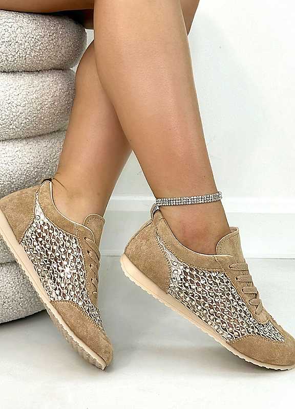 Love Lemonade Women's Light Brown Crystal Contour Sparkly Panel Trainers In Size 4 - Image 2