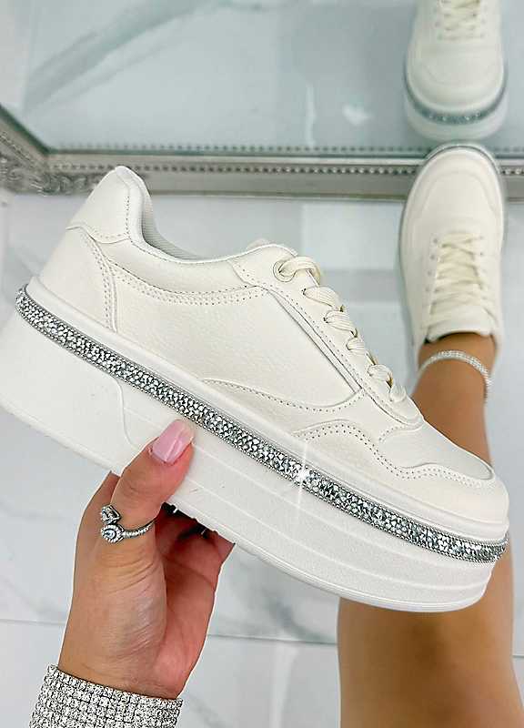 Love Lemonade Women's Off-White Crystal Diamante Trim Platform Trainers In | : Size 4 - Image 3
