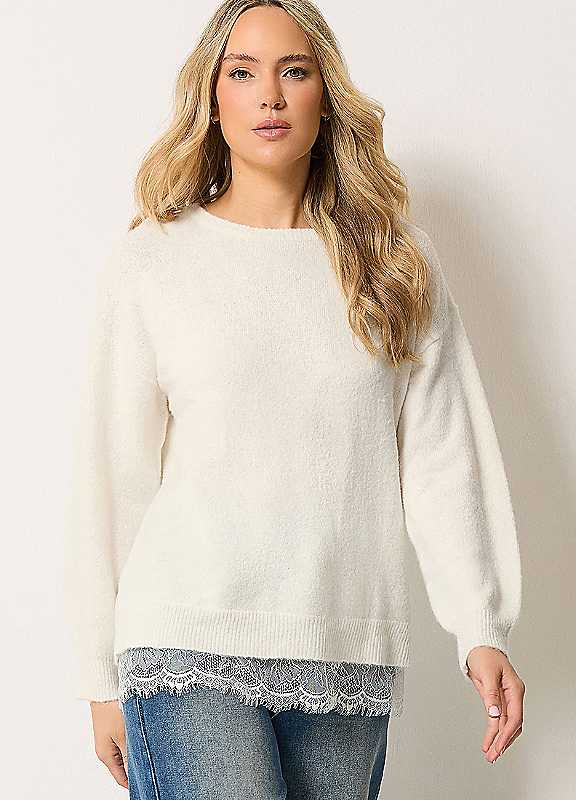 Long Tall Sally Women's Cream Lace Hem Knitted Jumper - Image 4