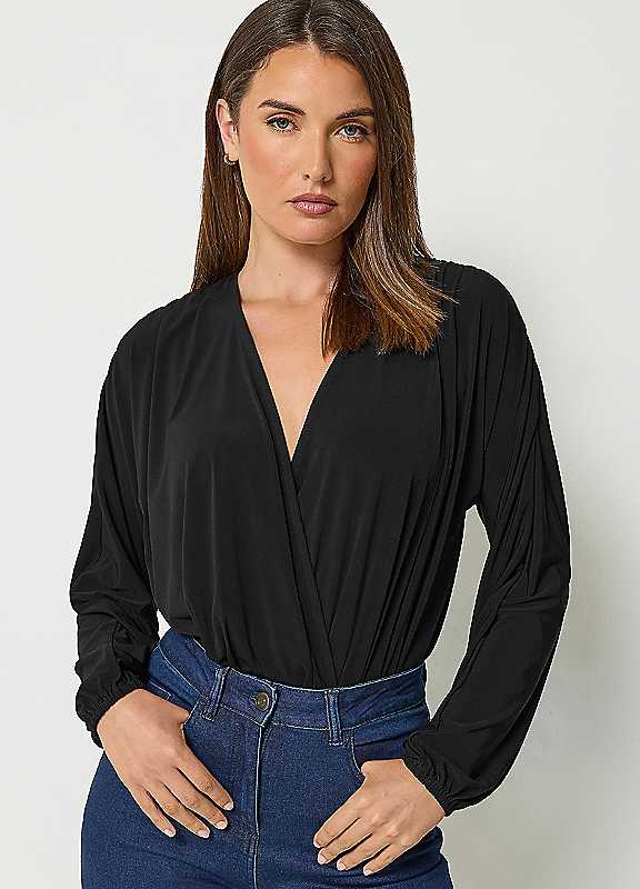 Long Tall Sally Women's Black Tall Long Sleeve Wrap Bodysuit In Size 14 - Image 4