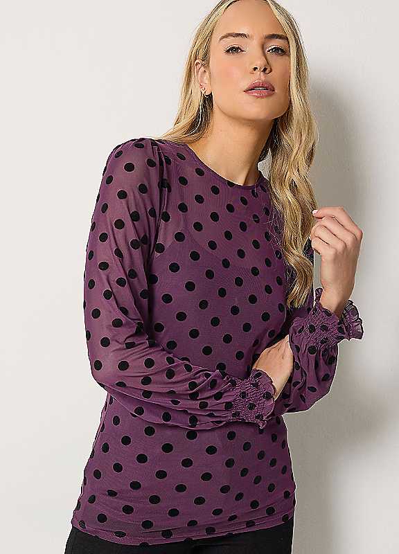 Long Tall Sally Women's Red Lts Polka Dot Balloon Sleeve Mesh Top