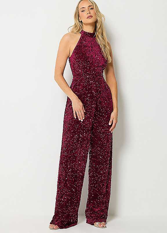 Long Tall Sally Women's Red Tall Sequin Velvet Wide Leg Jumpsuit In Size 18 - Image 4