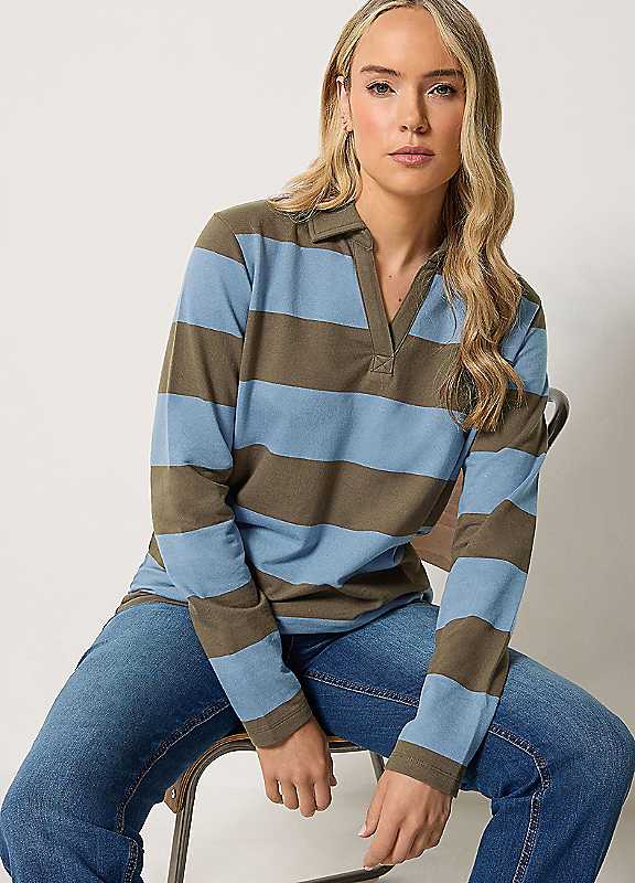 Long Tall Sally Women's Blue Tall Stripe Cotton Rugby Sweatshirt In | Size: 14 - Image 3