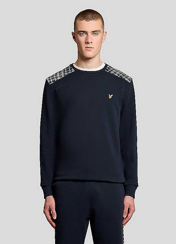 Lyle & Scott Check Panelled Crew Sweatshirt, Navy, Size L, Men - Image 4