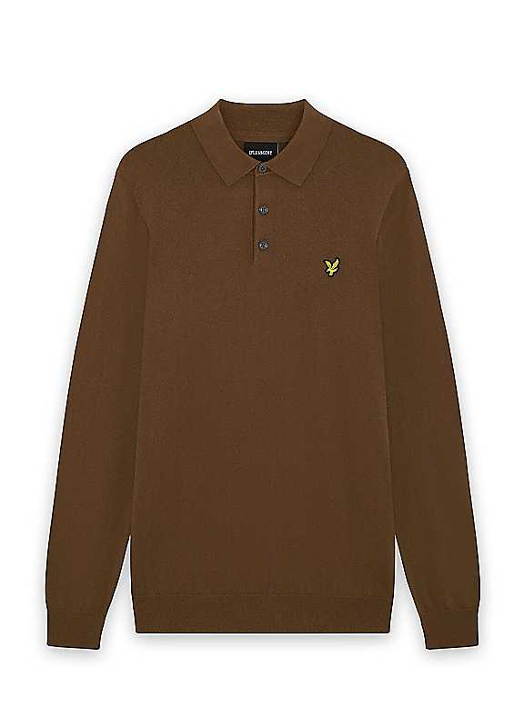 Lyle & Scott Cotton Merino Knit Longsleeved Polo Shirt, Sepia Brown - M - Image 3