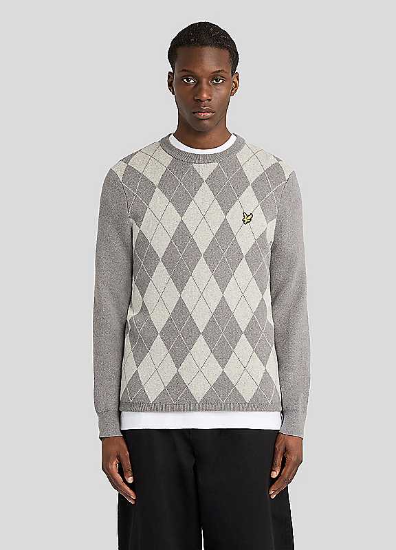 Lyle & Scott Men's Mid Grey Marl/Light Grey Marl Cotton Merino Argyle Jumper - Image 4
