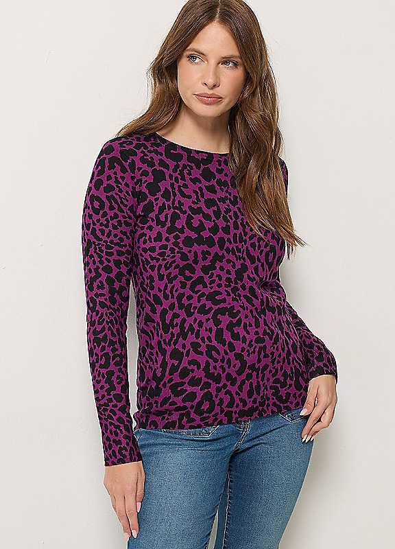 M&Co Women's Animal Print Knitted Jumper in Plum | Size: 18-20 - Image 4
