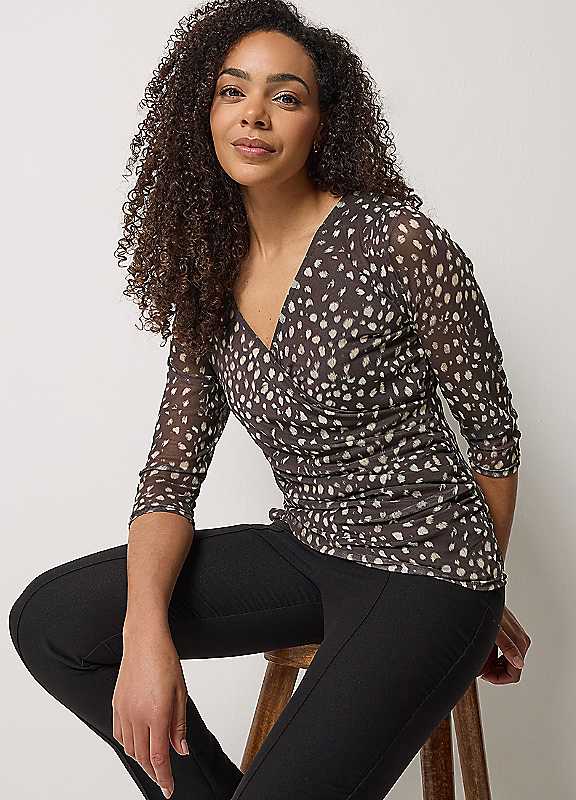 M&Co Women's Animal Mesh Sleeve Wrap Top in Brown | Size: 20 - Image 4