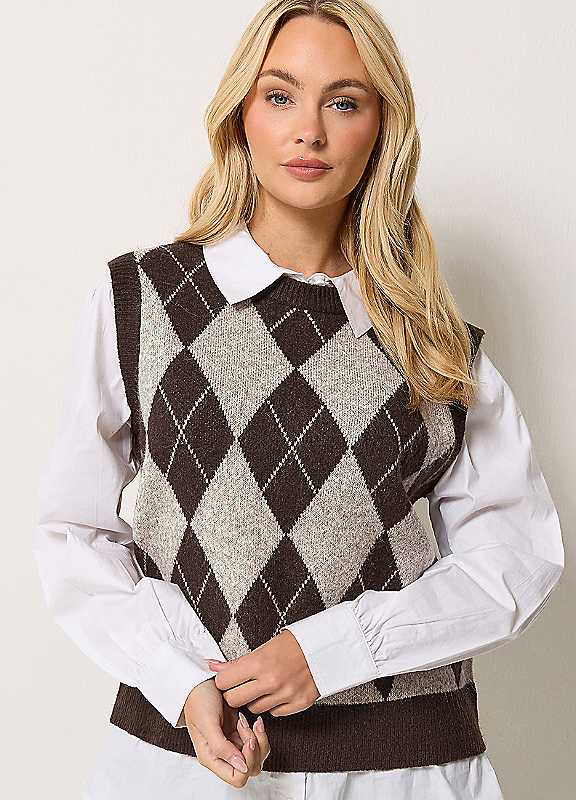 M & Co Women's Brown Argyle 2 In 1 Jumper - Image 3