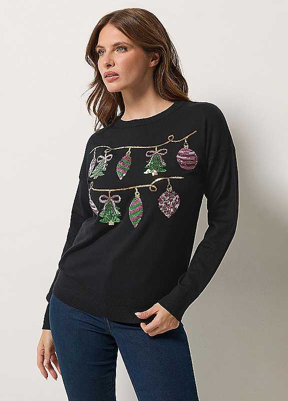 M&Co Women's Black Bauble Embellished Knitted Jumper In | Size: 14/16 - Image 2