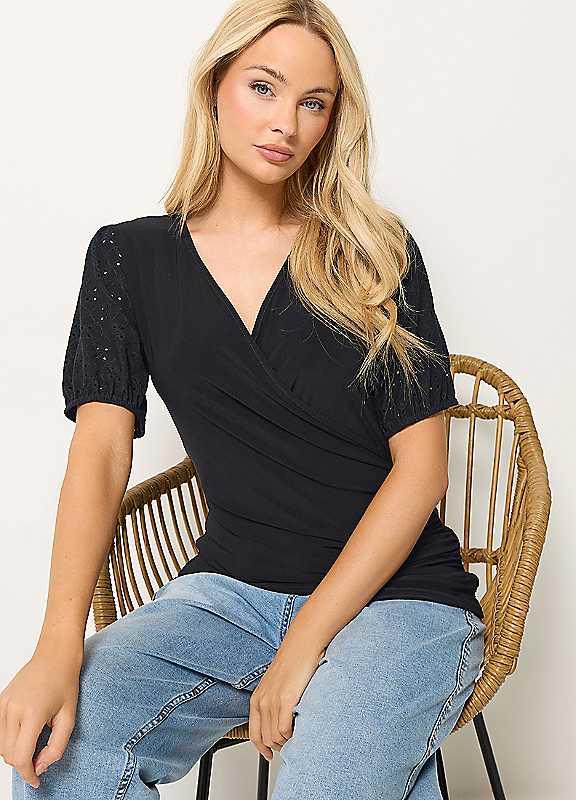 M&Co Women's Black Broderie Sleeve Wrap Top In | : Size 18 - Image 2