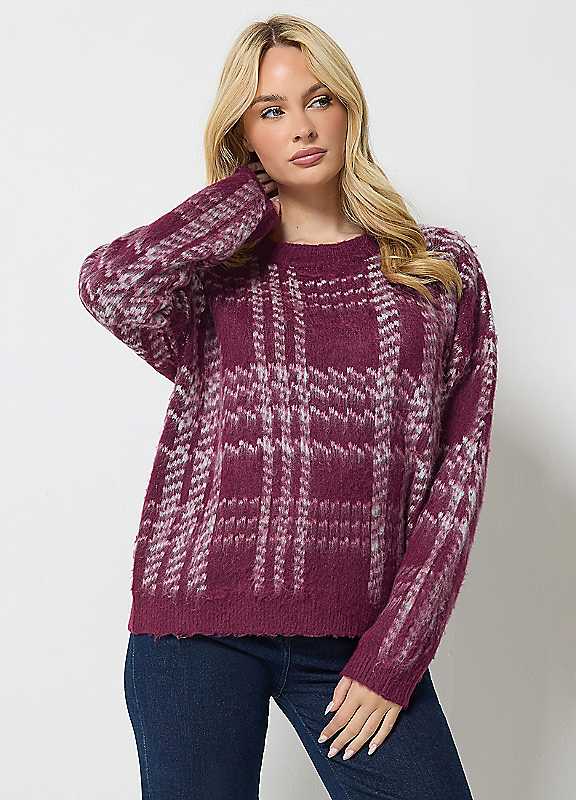 M & Co Women's Purple Brushed Check Jumper - Image 3