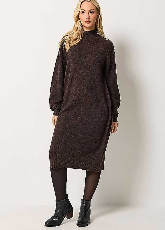 M & Co Women's Brown Button Detail Knitted Dress - Image 2