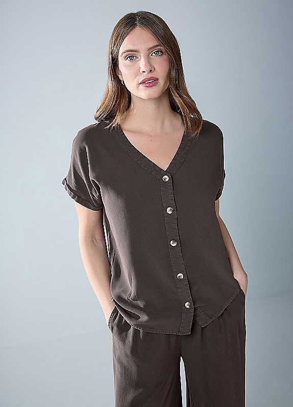 M&Co Women's Chocolate Button Front Blouse In | Size: 16 - Image 3