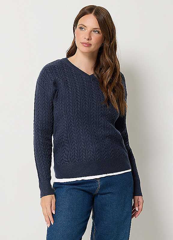 M&Co Women's Dark Navy V-Neck Cable Knit Jumper In | : 10/12 - Image 2