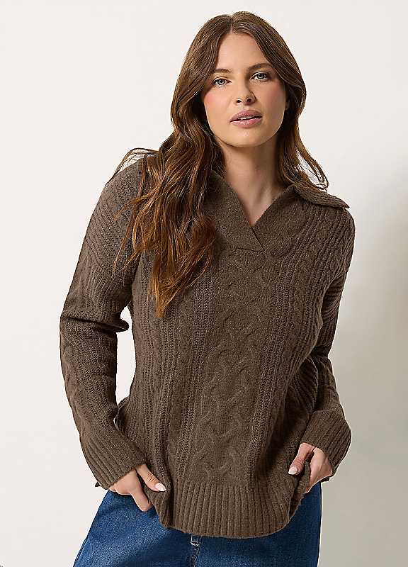 M&Co Women's Chocolate Cable Knit Collared Jumper In | : 10/12 - Image 3