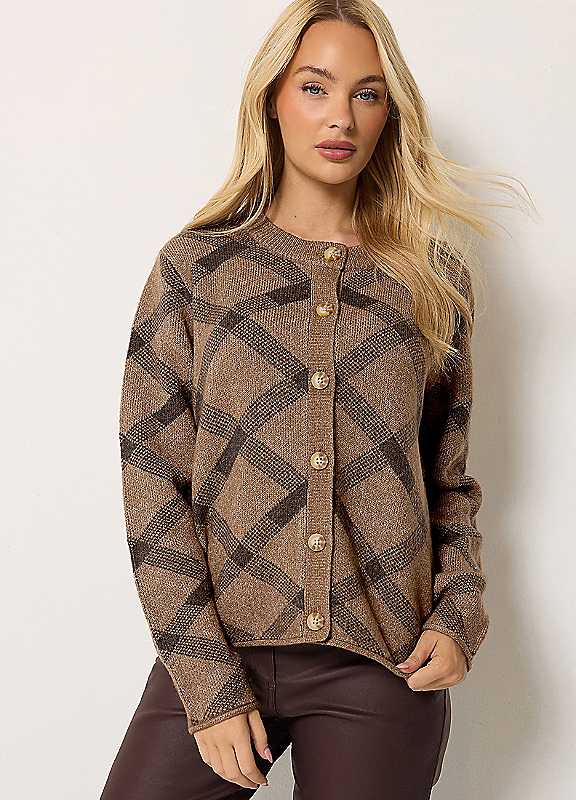 M&Co Women's Brown Checked Button Up Cardigan In Size 14-16 - Image 3