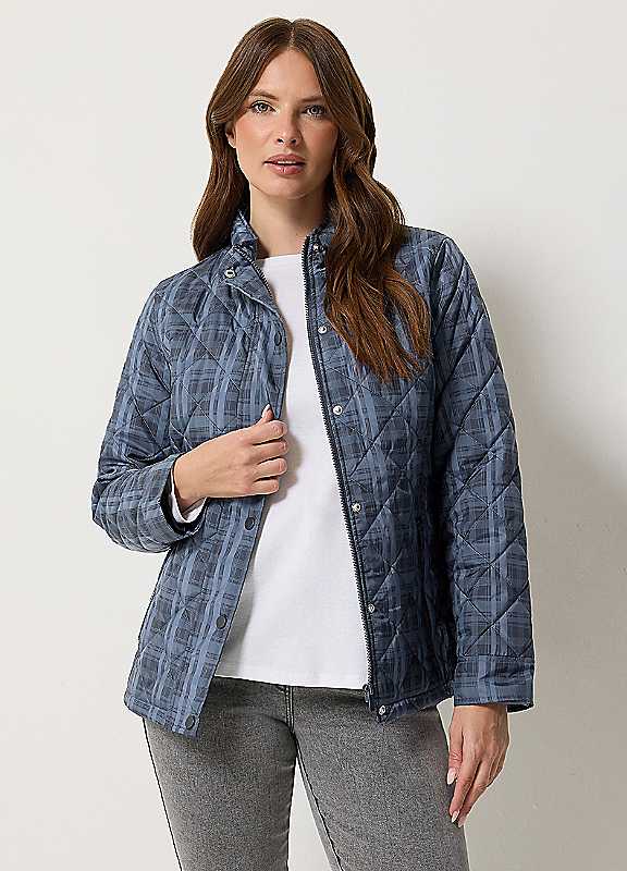 M&Co Women's Mid Navy Check Print Quilted Jacket In | Size: 14 - Image 4