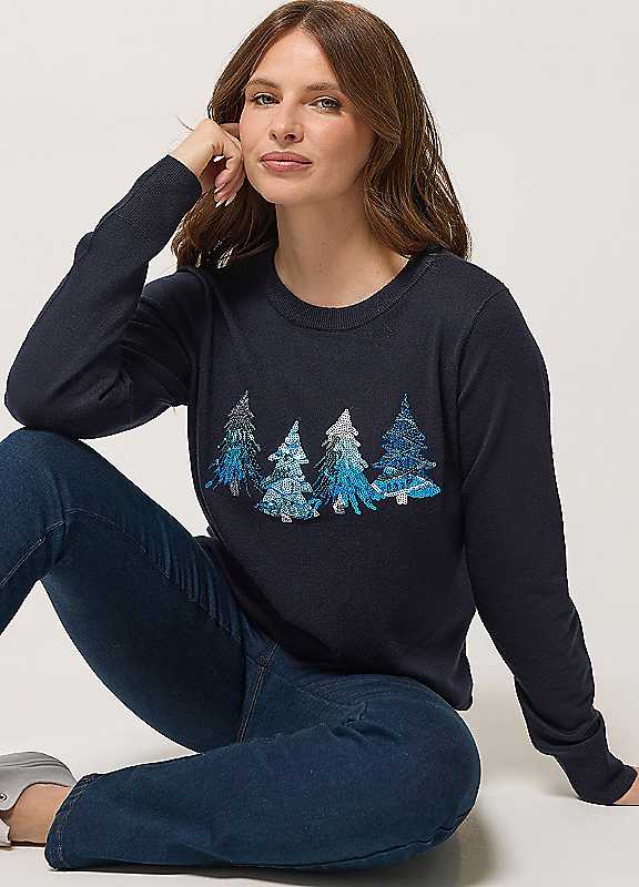 M&Co Women's Dark Navy Christmas Trees Embellished Knitted Jumper In | Size: 26/28 - Image 2