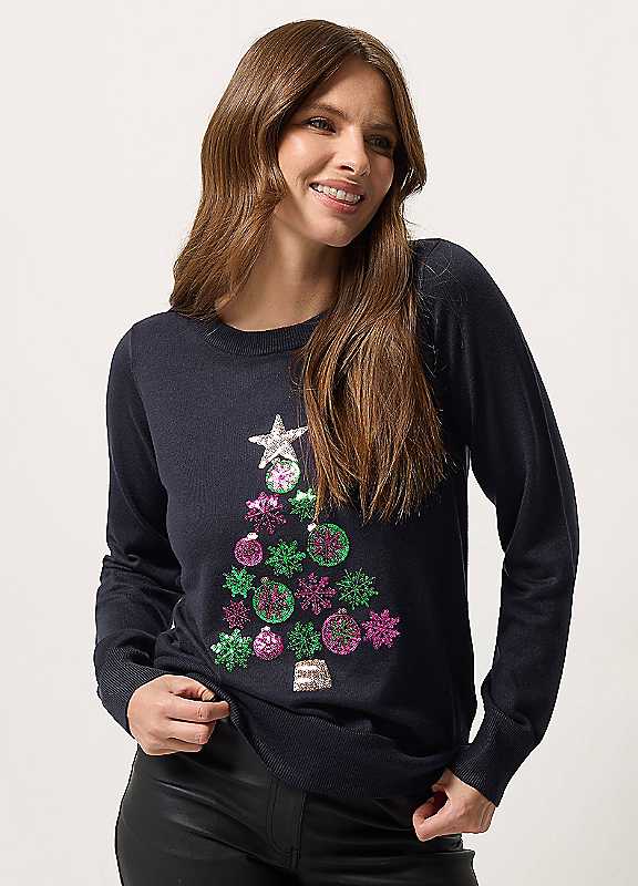M & Co Women's Blue Bauble Christmas Tree Embellished Jumper - Image 2