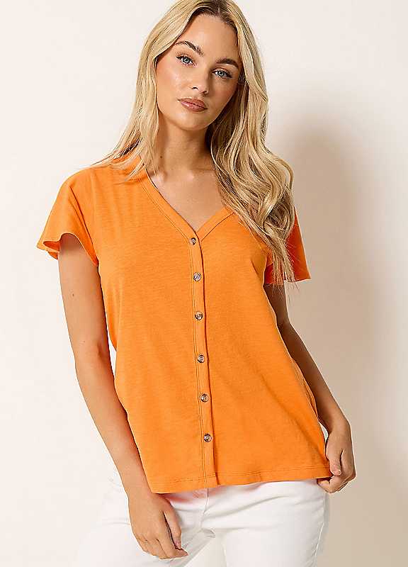 M & Co Women's Orange Button Frill Sleeve Blouse - Image 3
