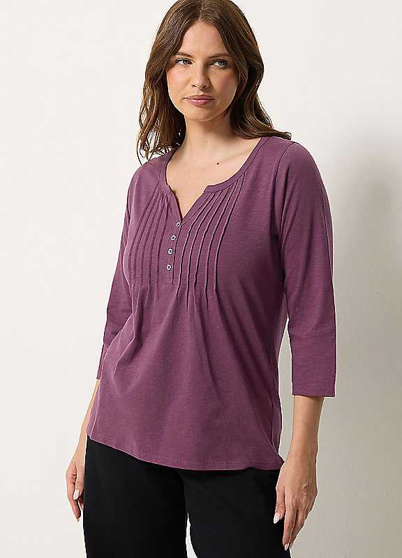 M&Co Women's Purple Cotton Henley Top In | Size: 12 - Image 2