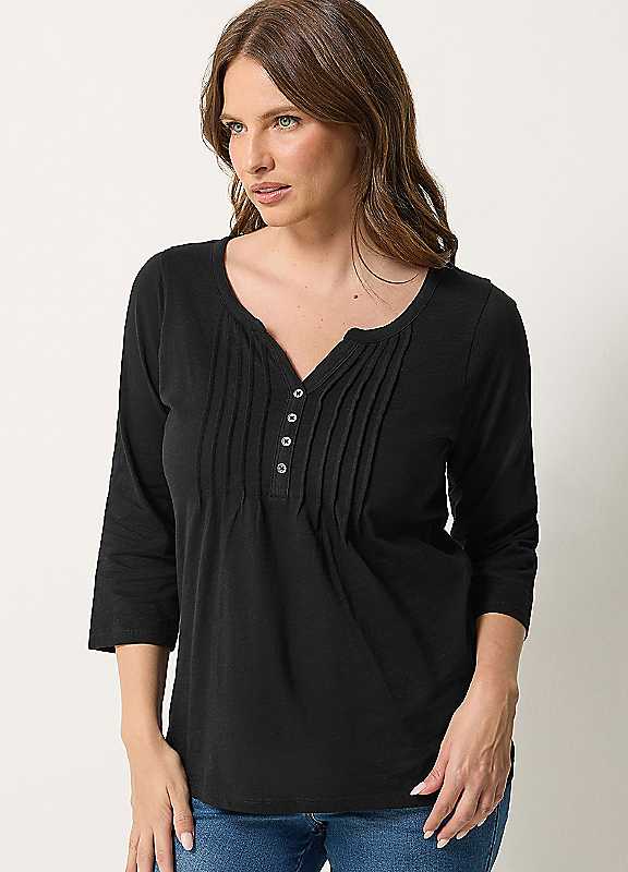 M&Co Women's Cotton Henley Top in Black | Size: 10 - Image 2