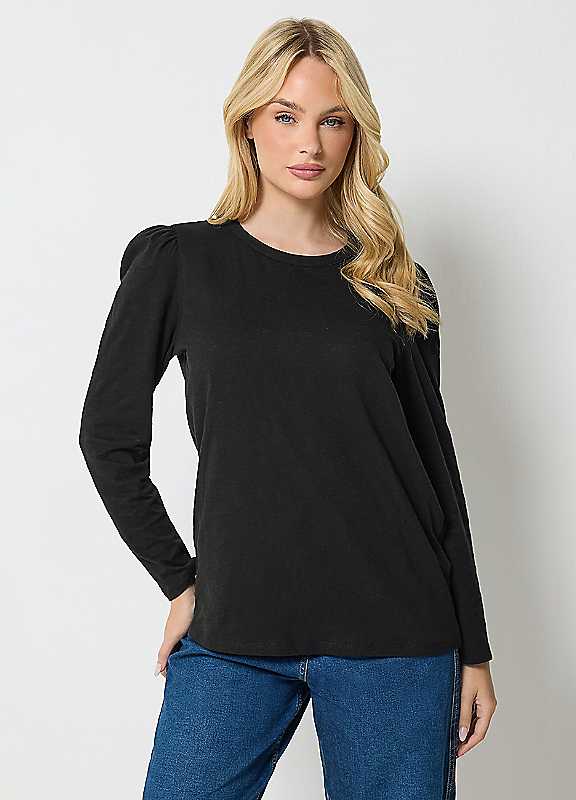 M&Co Black Mco Cotton Puff Sleeve Blouse