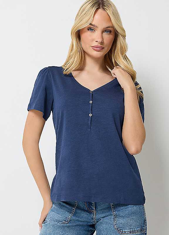 M&Co Women's Mid Navy Half Placket Cotton Top In | Size: 16 - Image 6