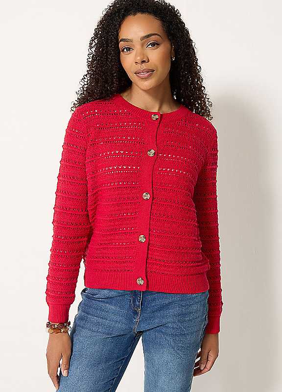 M&Co Women's Red Crew Neck Crochet Cardigan In Size 18-20 - Image 3