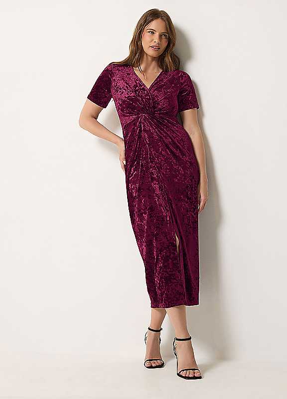 M & Co Women's Red Crushed Velvet Knot Front Dress - Image 2